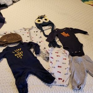 Newborn boys, one piece, onesies, pants, and hats